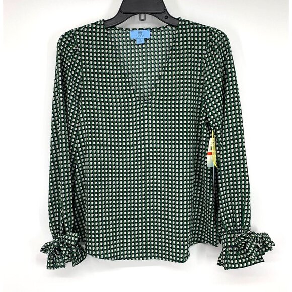 Cece Top Tie Sleeve V Neck Green Geometric Printed Blouse NWT - Picture 2 of 11